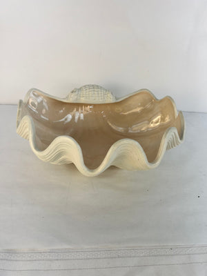 RARE Vintage Handmade Ceramic Footed Clam Shell Serving Bowl - 14 x 11"