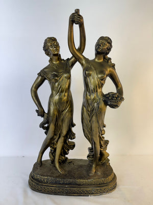 Vintage Art Nouveau Twin Nymph Figural Lamp Base Bronze Tone Muse Statue 23" MCM