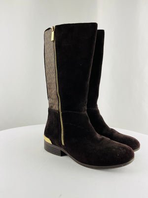 Michael Kors Girls Finley Makysa Tall Brown Suede MK Logo Boots Size 2
