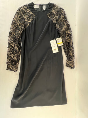 Oleg‎ Cassini Black Beaded Cocktail Dress Sheer Mesh Long Sleeve NWT Size 12