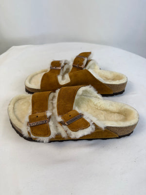 Birkenstock Arizona Brown Suede Slip On Sandal Shearling Lined Women's Size 7
