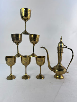 Vintage Etched Brass Dallah Arabic Coffee Pot Set with 6 Goblets Cups