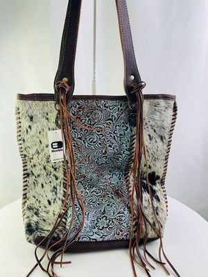 Myra Bag Blue Ripples Leather & Hairon Shoulder Tote Bag Fringe NWT