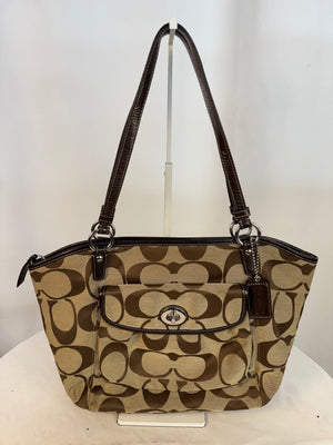 Coach F14659 Leah Signature Canvas Tote Bag Khaki Brown Turnlock Shoulder Purse