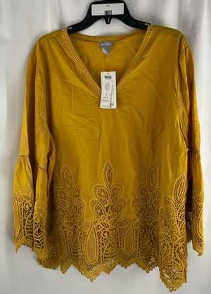 Chico's Women's Mustard Pullover Top Lace Cutout Shirt Size 4 NWT MSRP $109