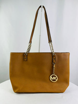 Michael Kors Jet Set Large Camel Tan Saffiano Leather Chain Shoulder Tote