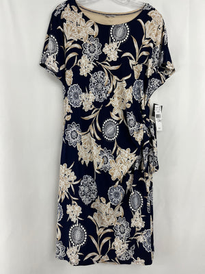 Robbie Bee Navy & Tan Floral Print Short Sleeve Ruched Waist Dress Women's Large
