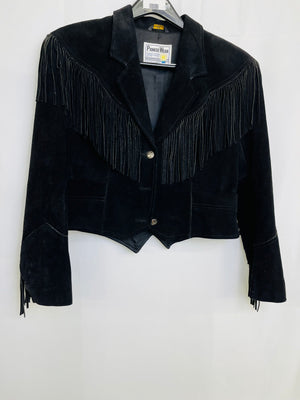 Pioneer Wear Black Suede Leather Fringe Cropped Jacket VTG Boho Rodeo Women 40"