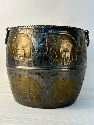Vintage Copper Brass Pot Planter with Elephants 14" Round