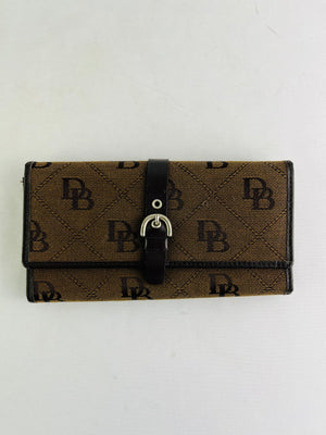 Dooney & Bourke Brown DB Signature Jacquard Leather Trim Tri Fold Wallet