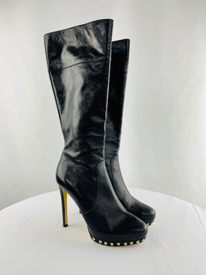 Michael Kors Ailee Black Leather Tall Gold Studded Stiletto Platform Boots 8M