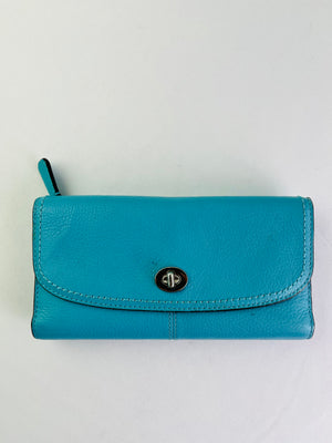 Coach Legacy Turquoise Pebbled Leather Turnlock Trifold Wallet w/ Checkbook