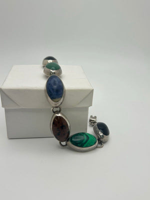 Mexico 925 Sterling Silver Onyx Bracelet 36.6g Malachite Lapis Gemstone 7 in