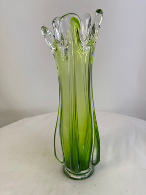 MCM Pulled Stretch Glass 5 Finger Green Vase 12" (Flawed - Read Description)