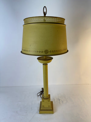 '50s Toleware Mustard Yellow Brass Table Lamp w/ Metal Shade 32 in. Tall Working