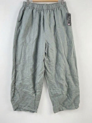 Mosaix Moss Green Linen Pants Cropped Wide Leg Elastic Waist Women's Size M NWT