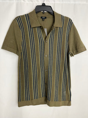 Express Crochet Knit Olive/Navy Button Up Short Sleeve Collared Top Men's XS NWT