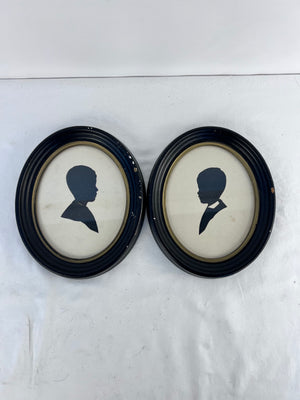 Pair of Vintage Antique Silhouette Oval Black Frame Gold Trim