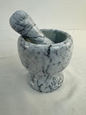 Solid White Marble Mortar And Pestle Set Heavy 5.6 lbs Gray Veined Herb Grinder