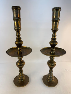 Vintage 30" MCM Moroccan Etched Brass Floor Altar Candlesticks Pair Large