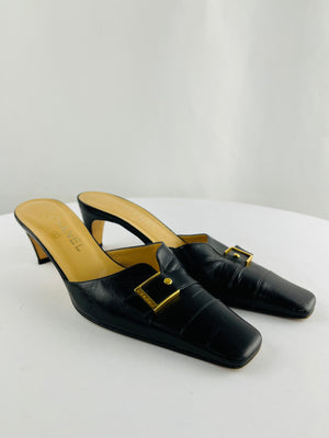 CHANEL Black Leather Square Toe Mules Gold Square Buckle Heels Womens 38.5