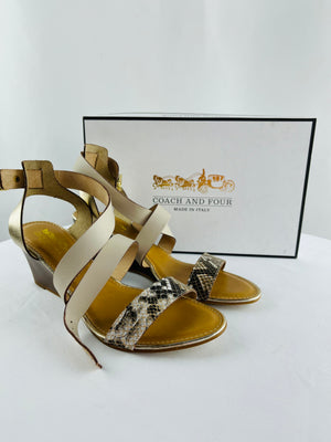 Coach and Four Italy Stacked Wedge Sandals Cream Gold Snake Print Womens 8.5