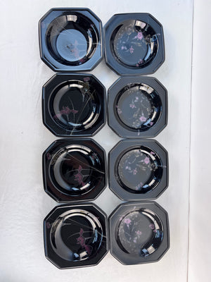 8 Vtg Mikasa Rim Soup Bowls Black - 4 Ebony Meadow DR701 & 4 Ebony Fleur F3024