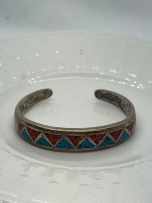 VTG Old Carlisle 925 Sterling Silver Turquoise Coral Inlay Bracelet 23.0g 5 in.