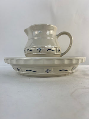Longaberger Pottery Woven Traditions Blue Pitcher and Pie Plate Set