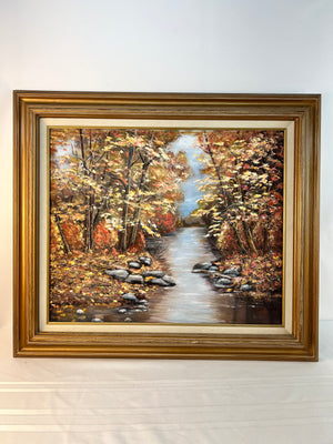 Original Oil on Canvas Painting Framed Signed Autumn Forest River 31" x 27"