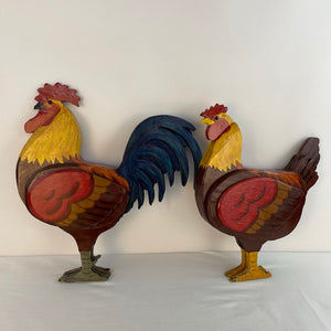 Folk Art Carved Wooden Rooster & Hen Hand Painted Decorative Set of 2