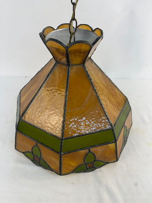Vtg Stained Slag Glass Hanging Pendant Lamp 18” Amber Green Tulip Tiffany Style