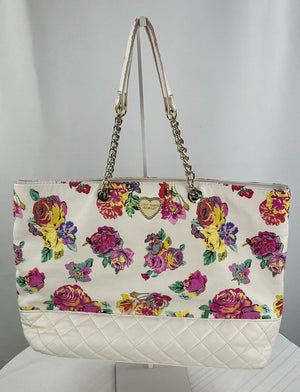Betsey Johnson NY White Floral Large Satchel Laptop Bag W/Gold Chain Straps