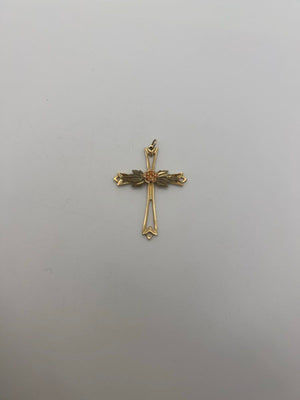10K Yellow Gold Pendant 2.8g Two-Tone Cross w/ Rose