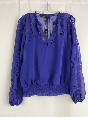 White House Black Market LS Chiffon Eyelet Blouse Midnight Indigo in XS NWT
