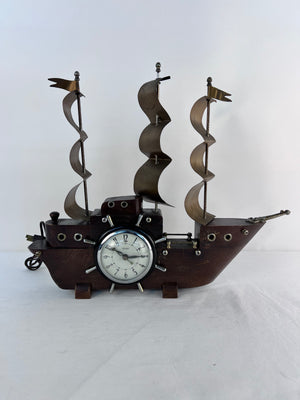 Vintage 1950s MCM United Wood Ship Mantle Clock With Metal Sails - PARTS/REPAIR