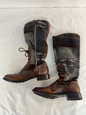 Woolrich Roadhouse Tall Riding Boots Women's 8.5 Brown Leather Aztec Wool Knit