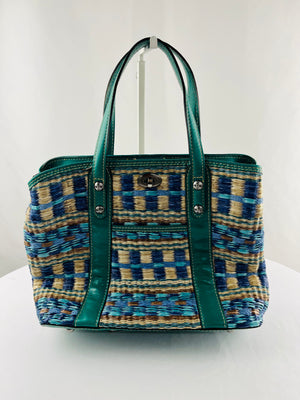 Patricia Nash Cameley Multi Color Turquoise Leather Trimmed Top Handle Tote Bag