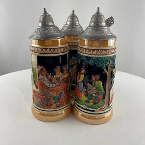 Vintage German Beer Steins Beautiful Ceramic Pewter Lids Set of 3