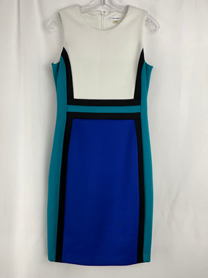 Calvin Klein Color Block White Blue Teal Black Sleeveless Sheath Dress Size 8