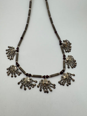 India 925 Sterling Silver Necklace 37.8g Purple Beaded Dangle Vintage 16 in.