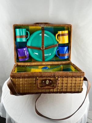 Wicker Picnic Basket with Plates, Cups, and Utensils