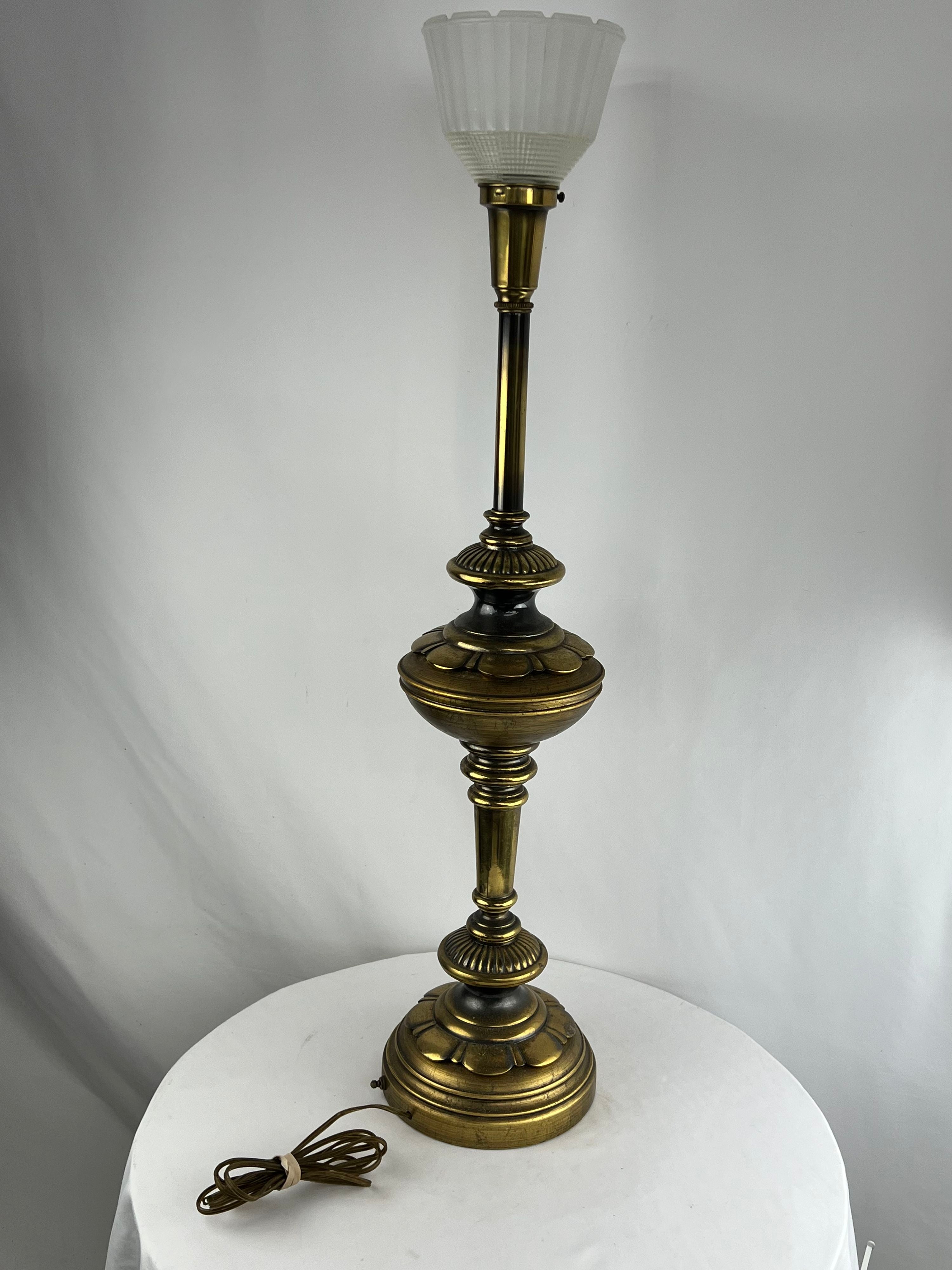 Stiffel Heavy Brass Torchiere Floor Lamps with White Glass Shades 37" Tall