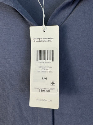 NWT Eileen Fisher 100% Silk Georgette Crepe Midi Shirt Dress Ocean L $398 Retail