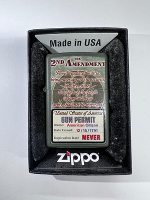Gun Permit 2nd Amendment American Citizen Green Matte Zippo Lighter with Box