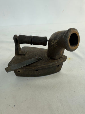 Antique Cast Iron Charcoal Box Iron Chimney Vent Sad Iron Primitive Wood Handle