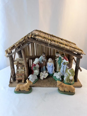 Vintage Sears Nativity Set Christmas 11 Figures with Wood Stable