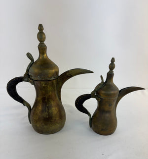 Antique Brass Arabic Dallah Coffee Pot Set of 2, Hand Stamped Maker Mark 12" 9"