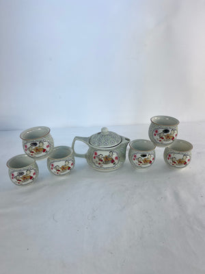 Vintage Chinese Ceramic Tea Set - Teapot & 6 Cups Lucky Child Fortune Character