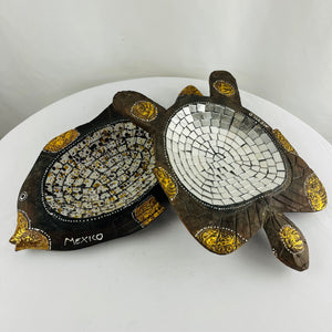 Indonesian Hand Carved Suar or Rosewood Bowls Glass Mosaic Inlay Fish & Turtle
